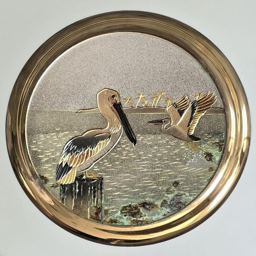 Dynasty Gallery Plate Art Of Chokin Storks On Pier 24k Gold Rim Silver‎ Japanese